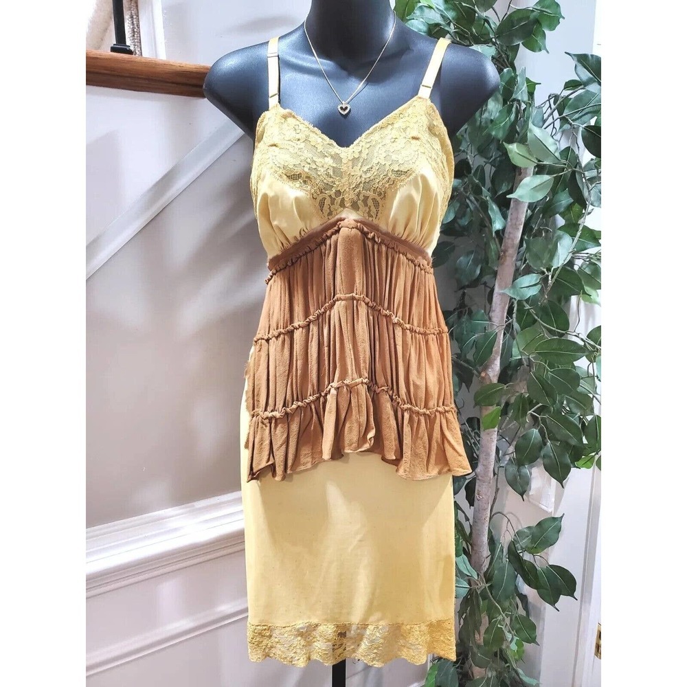 Upcycled Layered Yellow Sweetheart Neck‎ Sleeveless Knee Length Slip Dress S